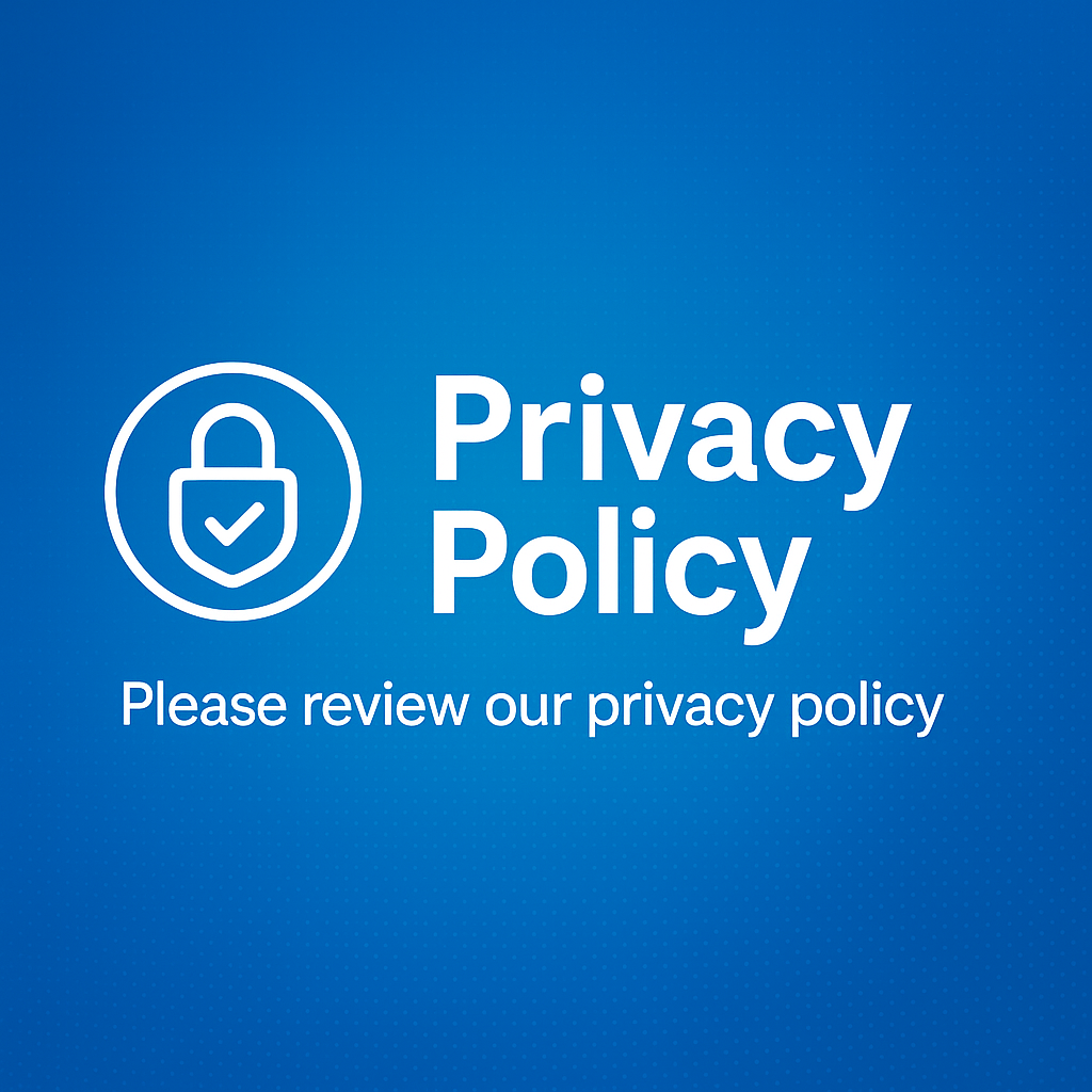 “Privacy Policy banner with lock shield icon on a blue gradient background and text ‘Please review our privacy policy’.”