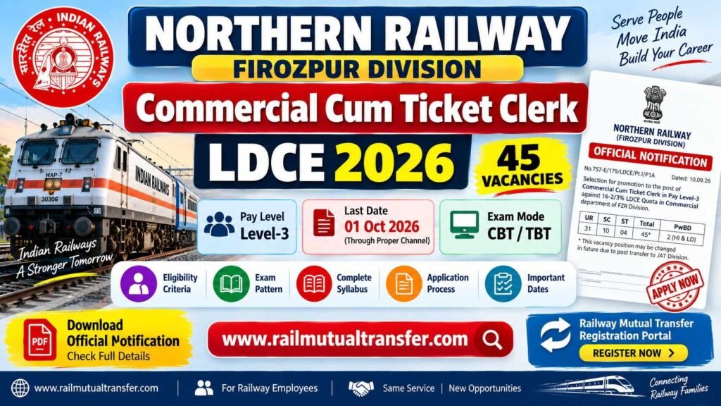 Northern Railway CCTC LDCE 2026 Firozpur Division 45 Vacancies