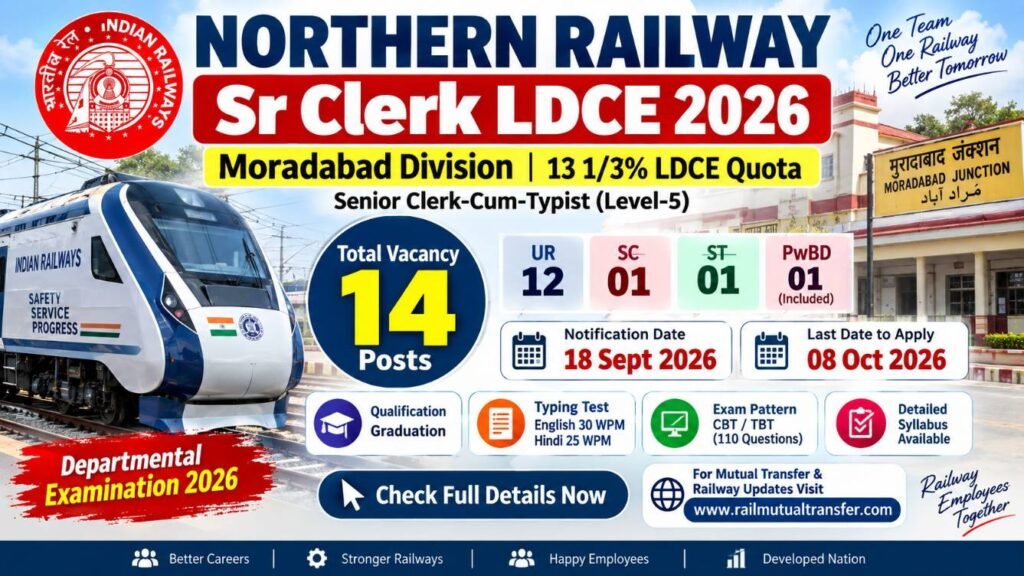 Railway Moradabad Division Sr.Clerk LDCE 2026 New Vacancy: 14 Posts. 6 Northern Railway Sr Clerk LDCE 2026 Moradabad Division 14 Posts Notification
