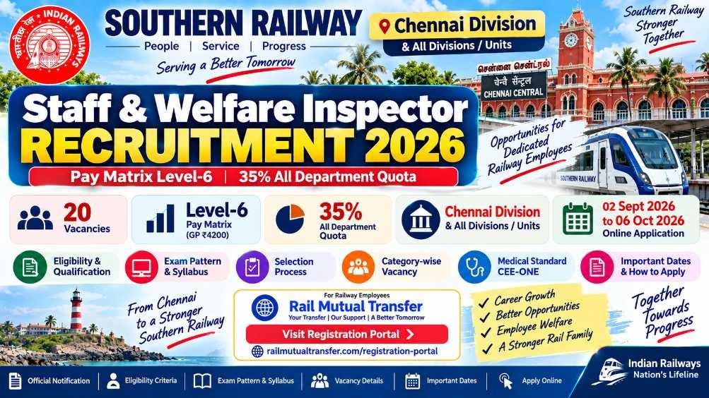 Southern Railway Chennai Staff Welfare Inspector Recruitment 2026: 7 Southern Railway Chennai Staff Welfare Inspector Recruitment 2026
